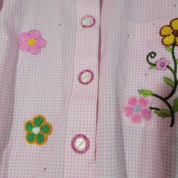 Pink Gingham Check Flannel Top Womens Plus Size 1X Rhinestone Floral Embellished - Picture 10 of 16